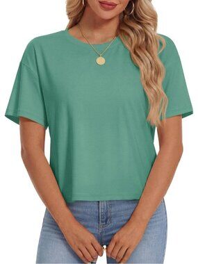 Women's Gray Green Short Sleeve Round Neck Summer Casual Loose Cotton Crop Tops